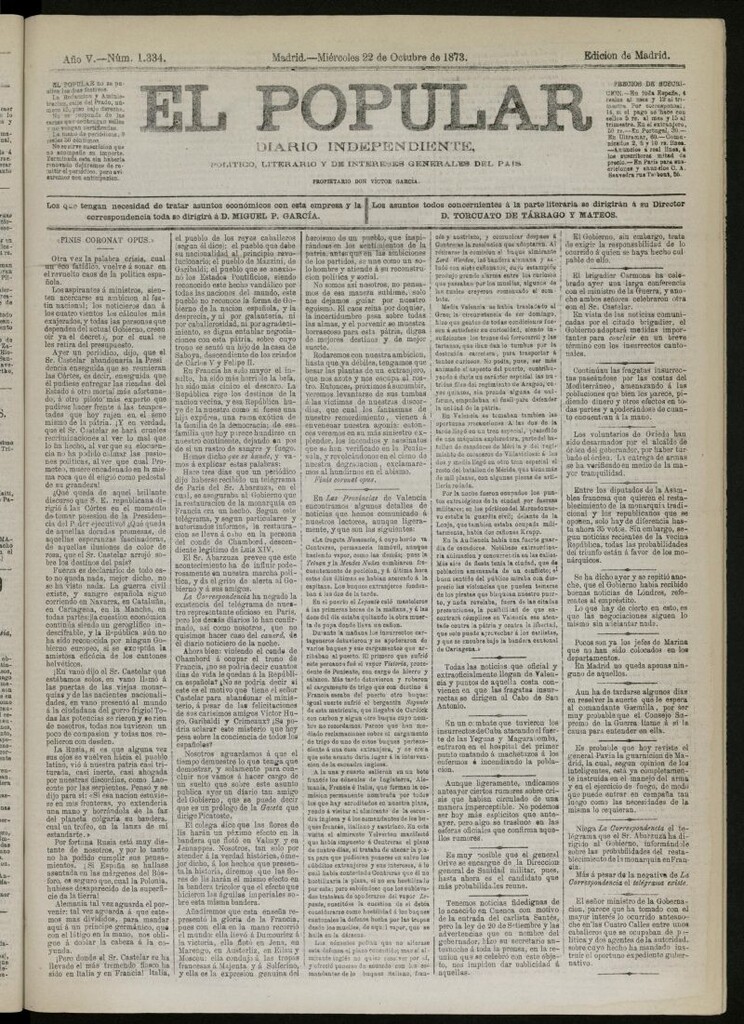 Miniatura de El Popular: diario independiente, político, literario y de noticias de interés general del 22 de octubre de 1873, nº 1334