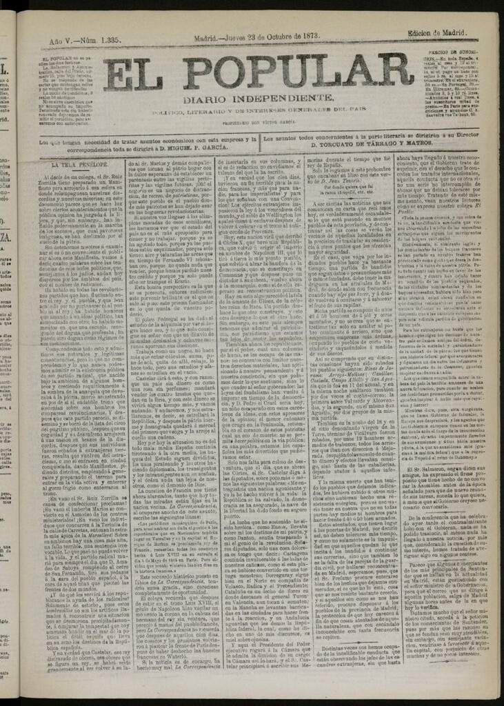 Miniatura de El Popular: diario independiente, político, literario y de noticias de interés general del 23 de octubre de 1873, nº 1335