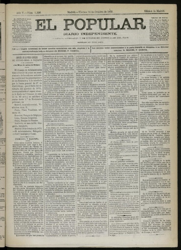 Miniatura de El Popular: diario independiente, político, literario y de noticias de interés general del 24 de octubre de 1873, nº 1336