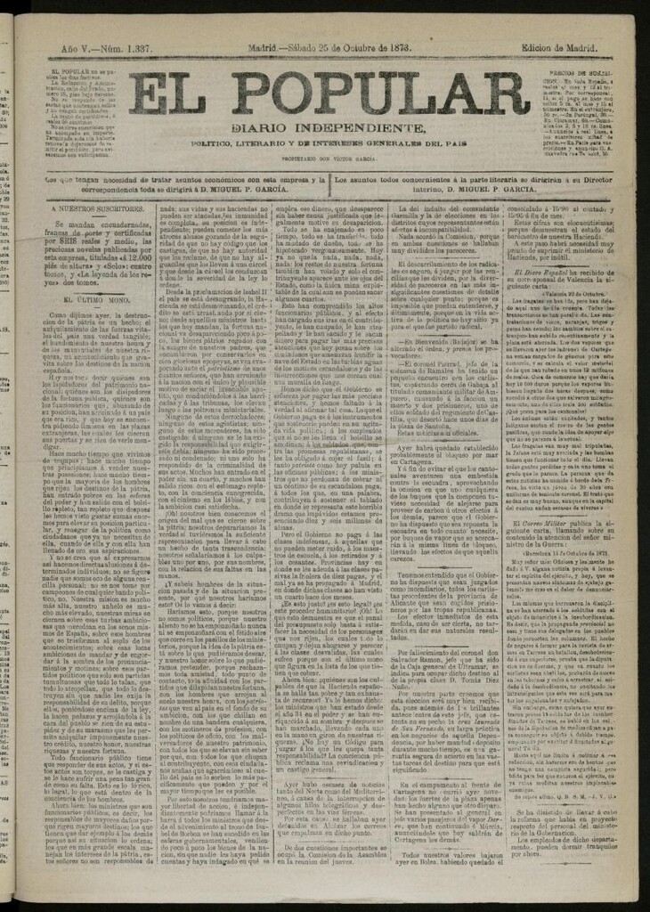 Miniatura de El Popular: diario independiente, político, literario y de noticias de interés general del 25 de octubre de 1873, nº 1337