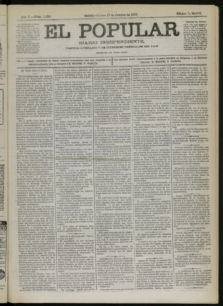 Miniatura de El Popular: diario independiente, político, literario y de noticias de interés general del 27 de octubre de 1873, nº 1338