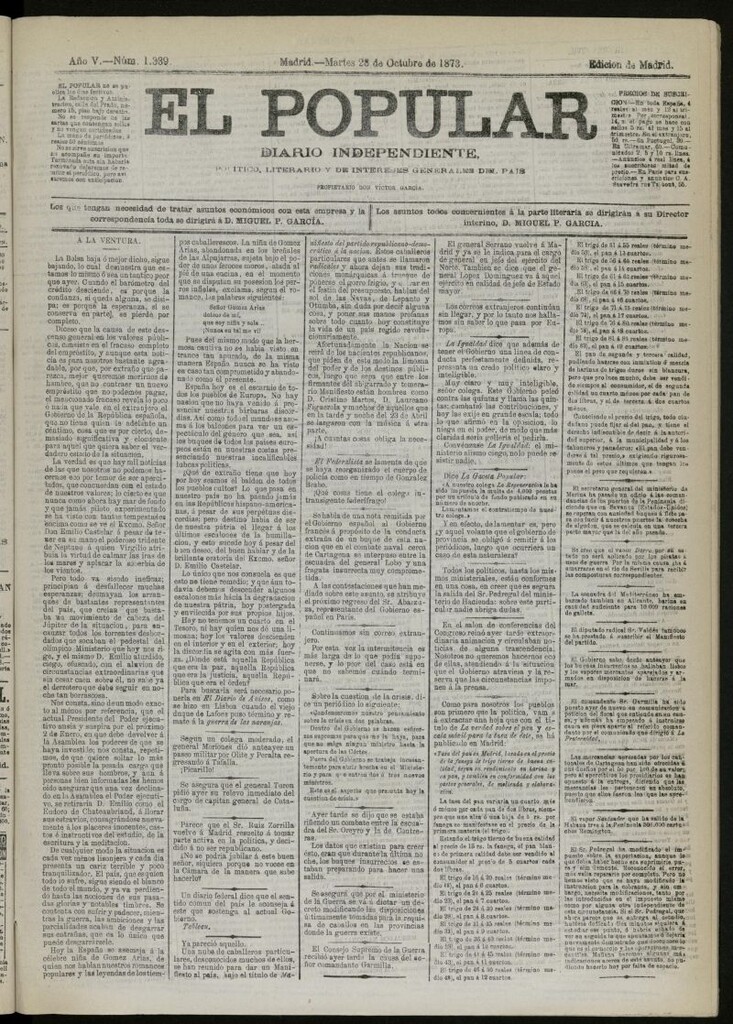 Miniatura de El Popular: diario independiente, político, literario y de noticias de interés general del 28 de octubre de 1873, nº 1339