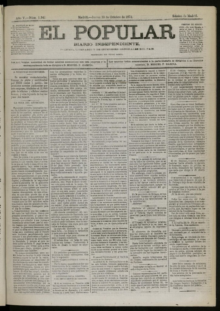 Miniatura de El Popular: diario independiente, político, literario y de noticias de interés general del 30 de octubre de 1873, nº 1341