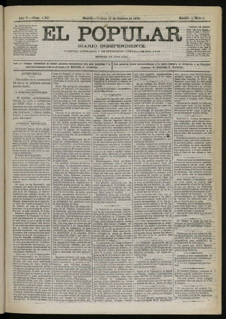 Miniatura de El Popular: diario independiente, político, literario y de noticias de interés general del 31 de octubre de 1873, nº 1342