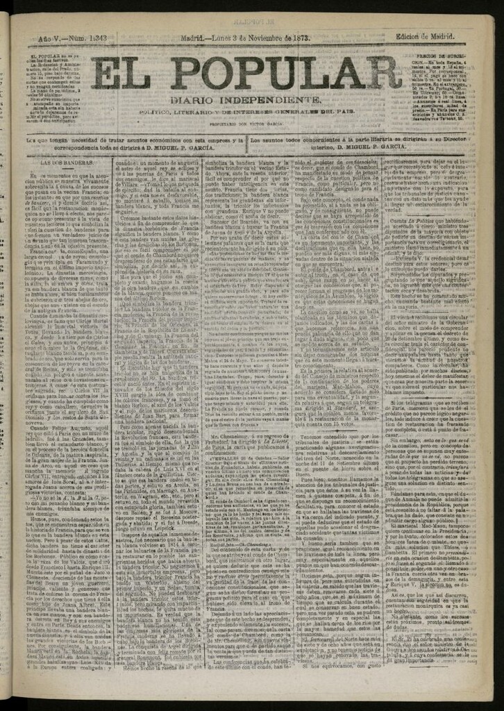 Miniatura de El Popular: diario independiente, político, literario y de noticias de interés general del 3 de noviembre de 1873, nº 1343