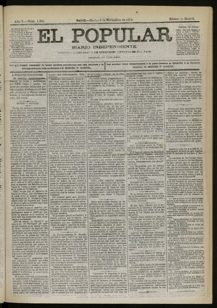 Miniatura de El Popular: diario independiente, político, literario y de noticias de interés general del 4 de noviembre de 1873, nº 1344