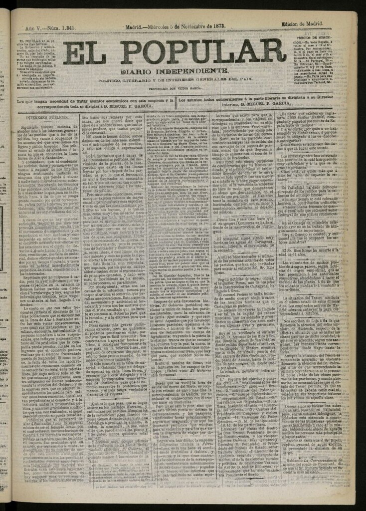 Miniatura de El Popular: diario independiente, político, literario y de noticias de interés general del 5 de noviembre de 1873, nº 1345