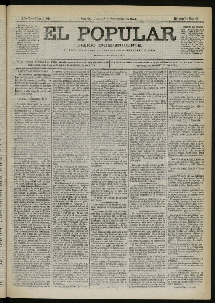 Miniatura de El Popular: diario independiente, político, literario y de noticias de interés general del 6 de noviembre de 1873, nº 1346