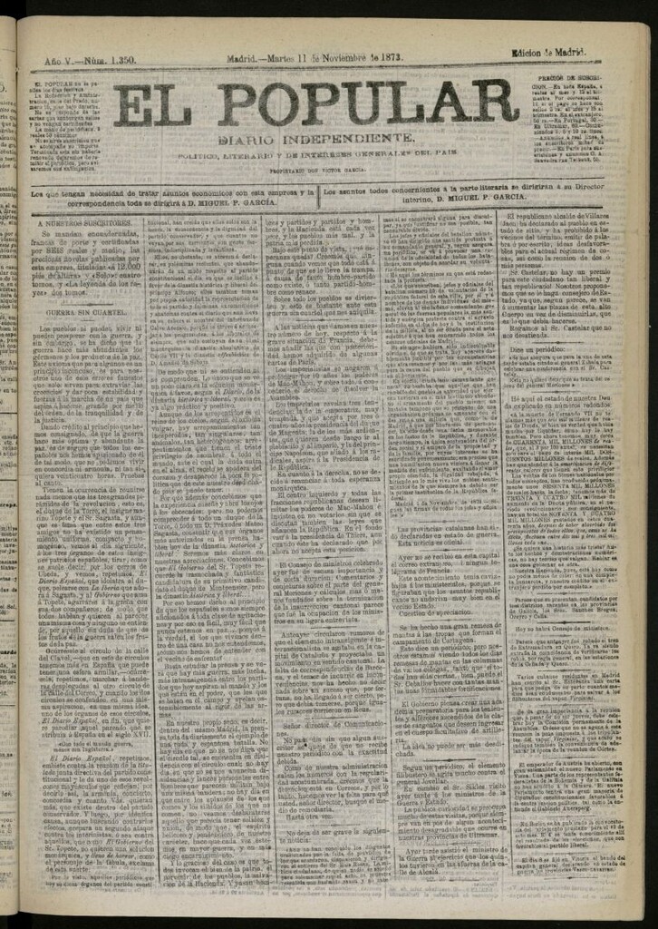 Miniatura de El Popular: diario independiente, político, literario y de noticias de interés general del 11 de noviembre de 1873, nº 1350