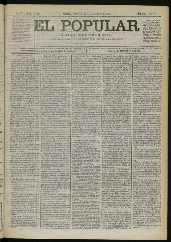 Miniatura de El Popular: diario independiente, político, literario y de noticias de interés general del 12 de noviembre de 1873, nº 1351