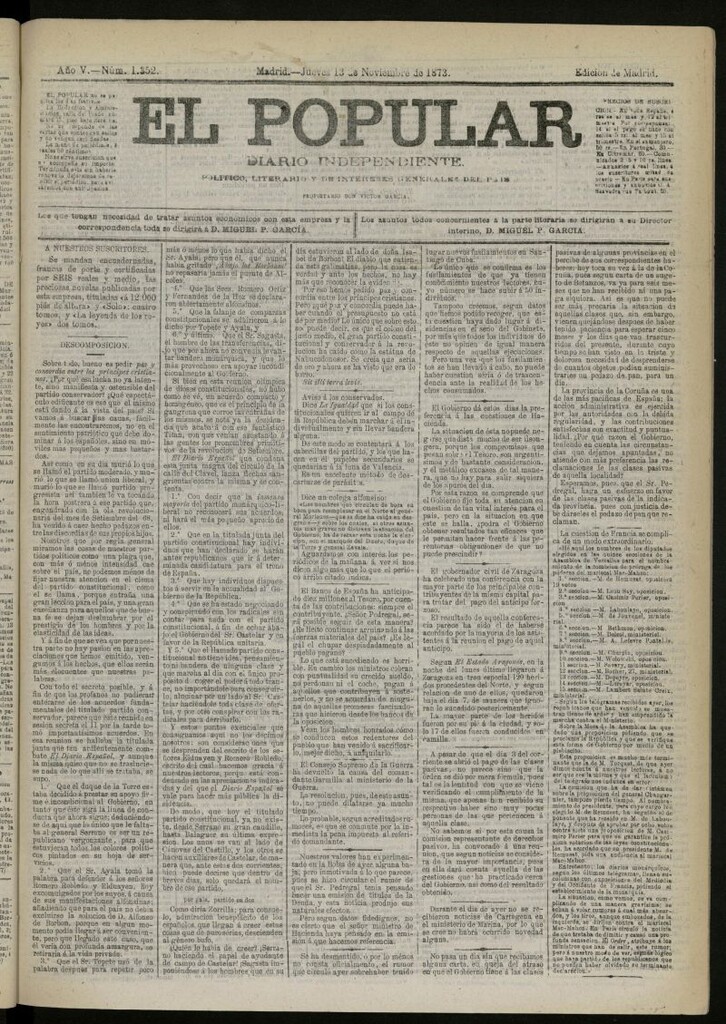 Miniatura de El Popular: diario independiente, político, literario y de noticias de interés general del 13 de noviembre de 1873, nº 1352