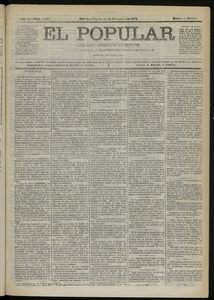 Miniatura de El Popular: diario independiente, político, literario y de noticias de interés general del 14 de noviembre de 1873, nº 1353