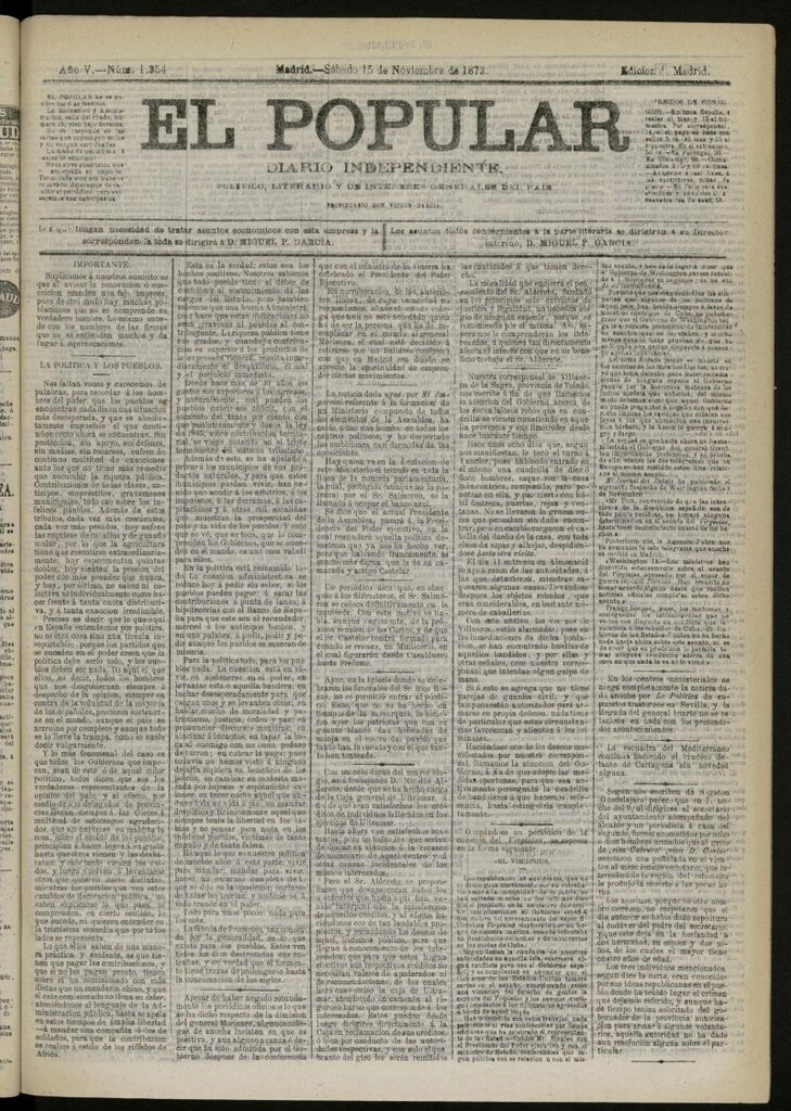 Miniatura de El Popular: diario independiente, político, literario y de noticias de interés general del 15 de noviembre de 1873, nº 1354