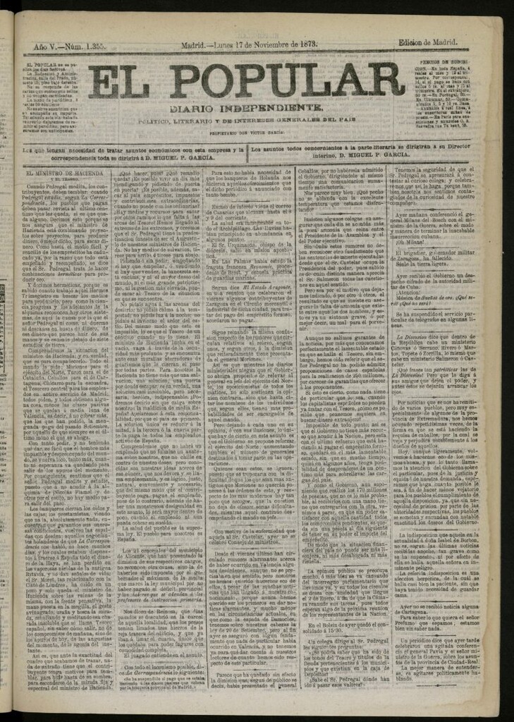 Miniatura de El Popular: diario independiente, político, literario y de noticias de interés general del 17 de noviembre de 1873, nº 1355
