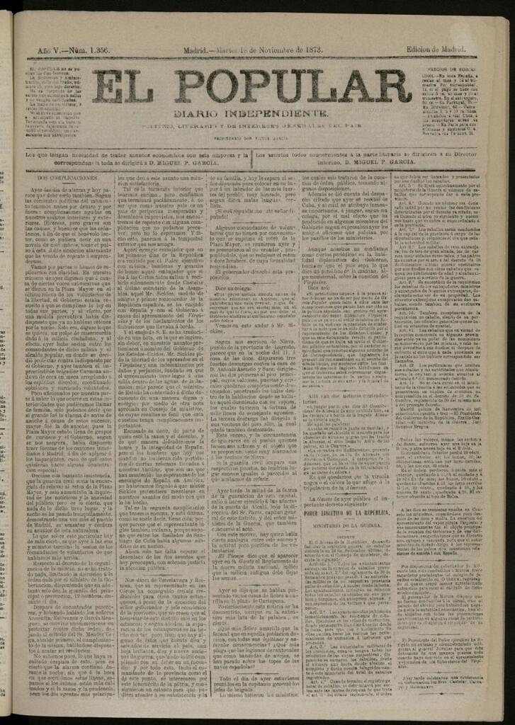 Miniatura de El Popular: diario independiente, político, literario y de noticias de interés general del 18 de noviembre de 1873, nº 1356