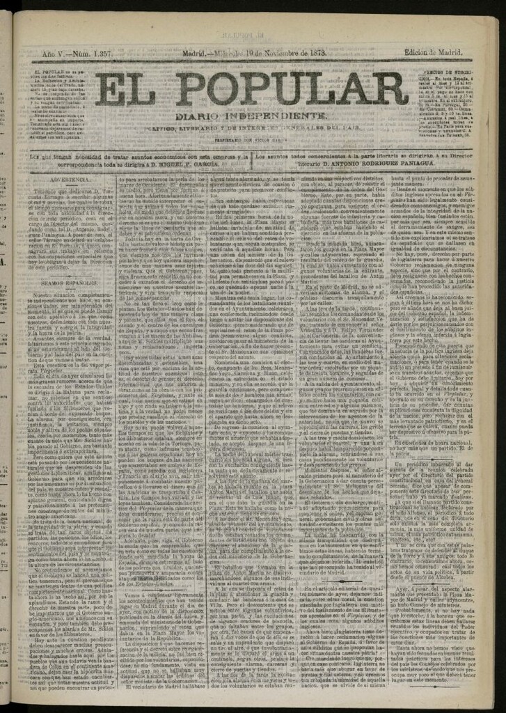 Miniatura de El Popular: diario independiente, político, literario y de noticias de interés general del 19 de noviembre de 1873, nº 1357