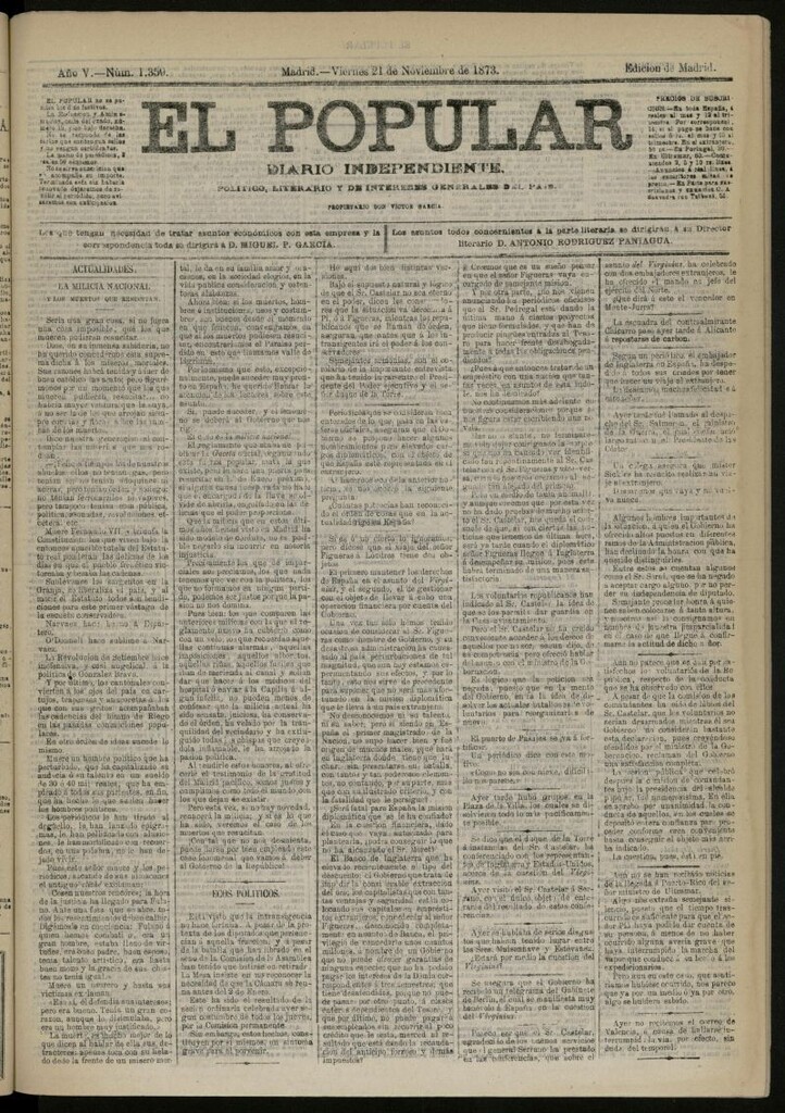 Miniatura de El Popular: diario independiente, político, literario y de noticias de interés general del 21 de noviembre de 1873, nº 1359