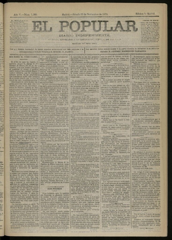 Miniatura de El Popular: diario independiente, político, literario y de noticias de interés general del 22 de noviembre de 1873, nº 1360