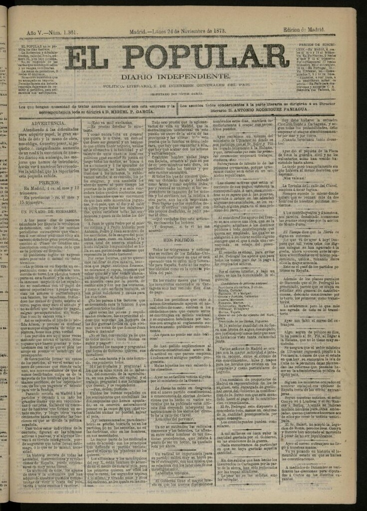 Miniatura de El Popular: diario independiente, político, literario y de noticias de interés general del 24 de noviembre de 1873, nº 1361