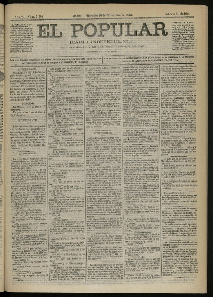 Miniatura de El Popular: diario independiente, político, literario y de noticias de interés general del 26 de noviembre de 1873, nº 1363