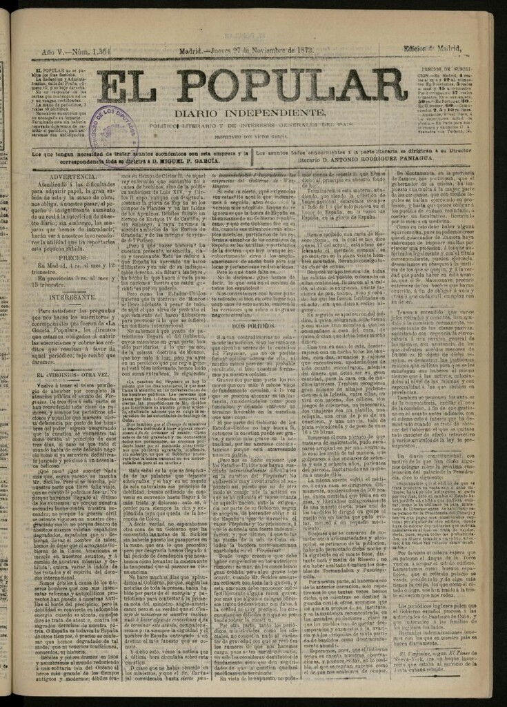 Miniatura de El Popular: diario independiente, político, literario y de noticias de interés general del 27 de noviembre de 1873, nº 1364