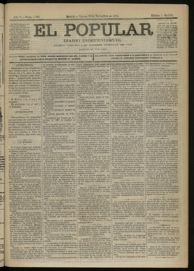 Miniatura de El Popular: diario independiente, político, literario y de noticias de interés general del 28 de noviembre de 1873, nº 1365