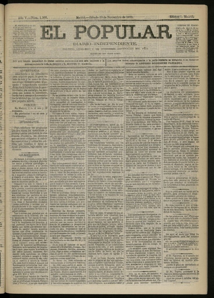 Miniatura de El Popular: diario independiente, político, literario y de noticias de interés general del 29 de noviembre de 1873, nº 1366