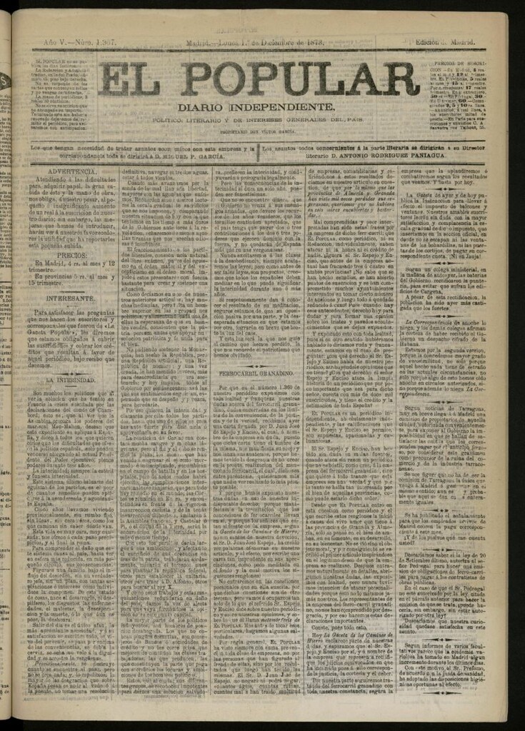 Miniatura de El Popular: diario independiente, político, literario y de noticias de interés general del 1 de diciembre de 1873, nº 1367