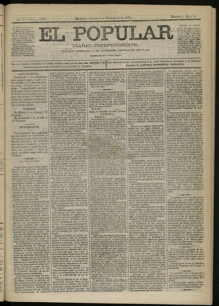 Miniatura de El Popular: diario independiente, político, literario y de noticias de interés general del 2 de diciembre de 1873, nº 1368