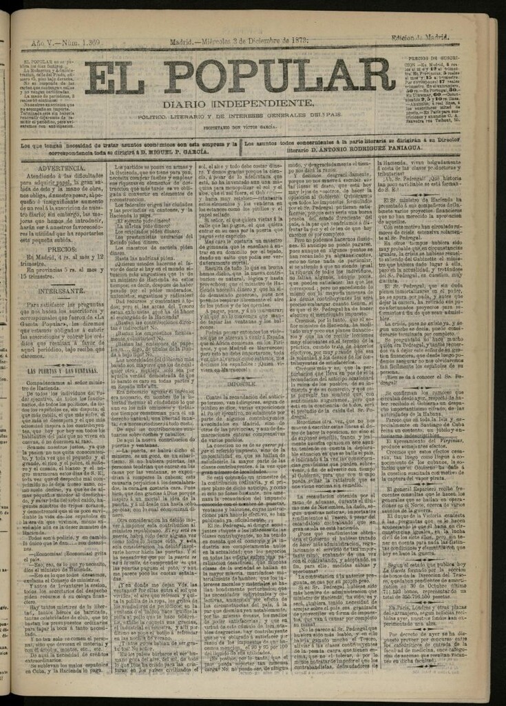 Miniatura de El Popular: diario independiente, político, literario y de noticias de interés general del 3 de diciembre de 1873, nº 1369