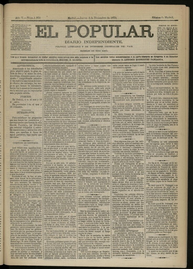 Miniatura de El Popular: diario independiente, político, literario y de noticias de interés general del 4 de diciembre de 1873, nº 1370