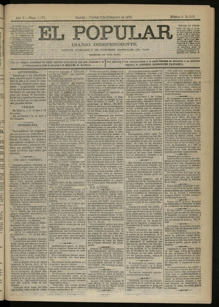 Miniatura de El Popular: diario independiente, político, literario y de noticias de interés general del 5 de diciembre de 1873, nº 1371