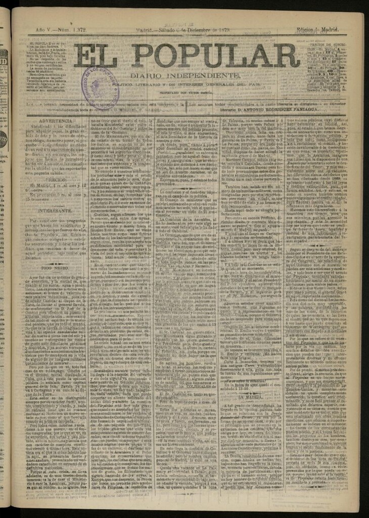 Miniatura de El Popular: diario independiente, político, literario y de noticias de interés general del 6 de diciembre de 1873, nº 1372