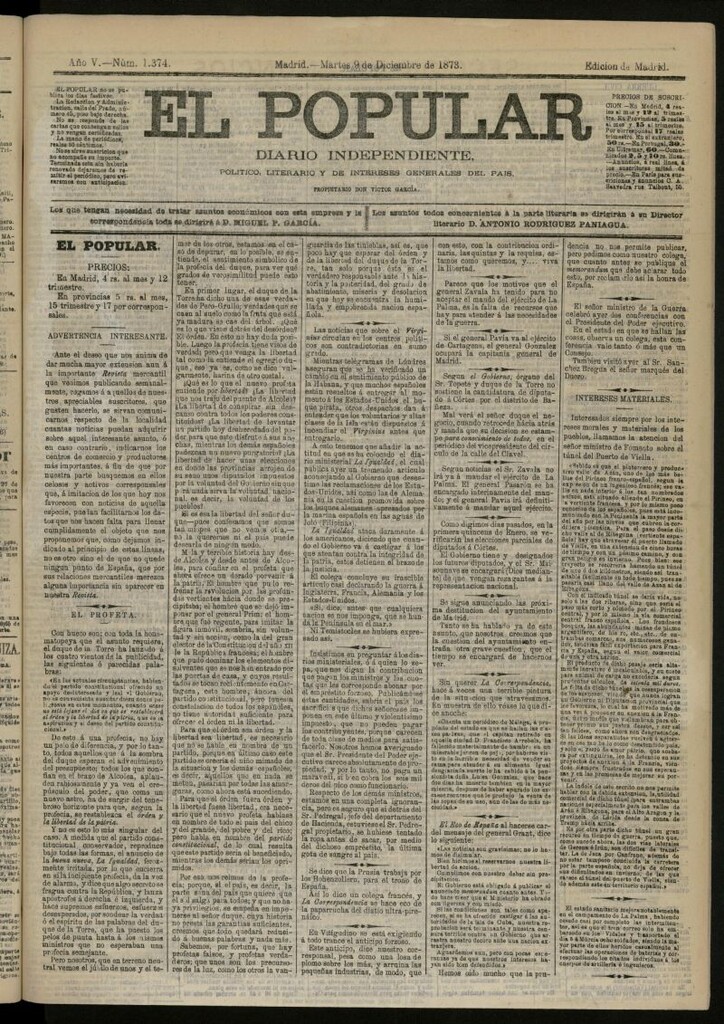 Miniatura de El Popular: diario independiente, político, literario y de noticias de interés general del 9 de diciembre de 1873, nº 1374