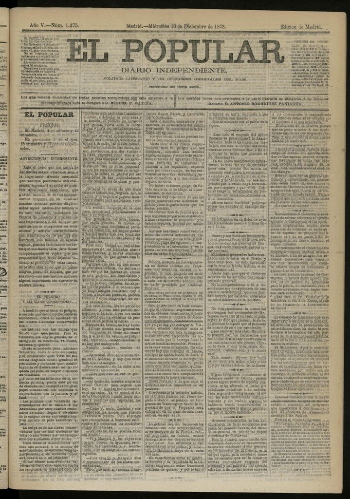 Miniatura de El Popular: diario independiente, político, literario y de noticias de interés general del 10 de diciembre de 1873, nº 1375