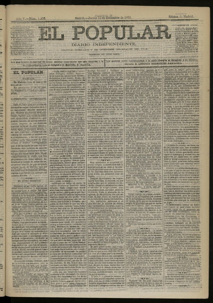 Miniatura de El Popular: diario independiente, político, literario y de noticias de interés general del 11 de diciembre de 1873, nº 1376