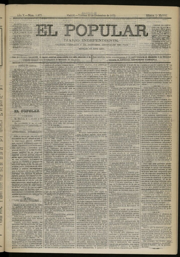 Miniatura de El Popular: diario independiente, político, literario y de noticias de interés general del 12 de diciembre de 1873, nº 1377