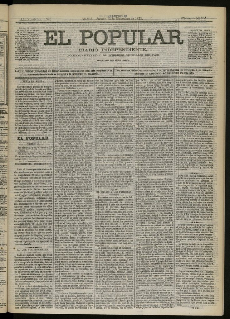 Miniatura de El Popular: diario independiente, político, literario y de noticias de interés general del 13 de diciembre de 1873, nº 1378