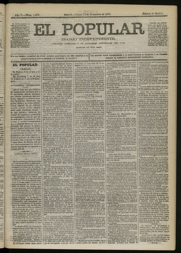 Miniatura de El Popular: diario independiente, político, literario y de noticias de interés general del 15 de diciembre de 1873, nº 1379