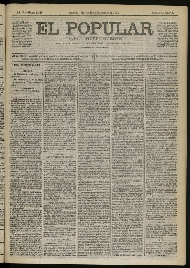 Miniatura de El Popular: diario independiente, político, literario y de noticias de interés general del 16 de diciembre de 1873, nº 1380
