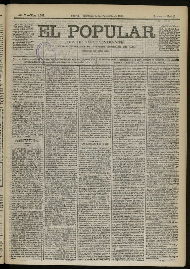 Miniatura de El Popular: diario independiente, político, literario y de noticias de interés general del 17 de diciembre de 1873, nº 1381