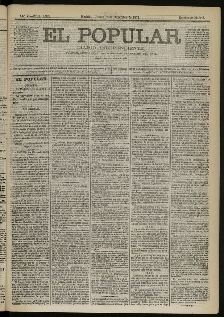 Miniatura de El Popular: diario independiente, político, literario y de noticias de interés general del 18 de diciembre de 1873, nº 1382