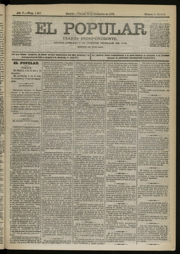 Miniatura de El Popular: diario independiente, político, literario y de noticias de interés general del 19 de diciembre de 1873, nº 1383