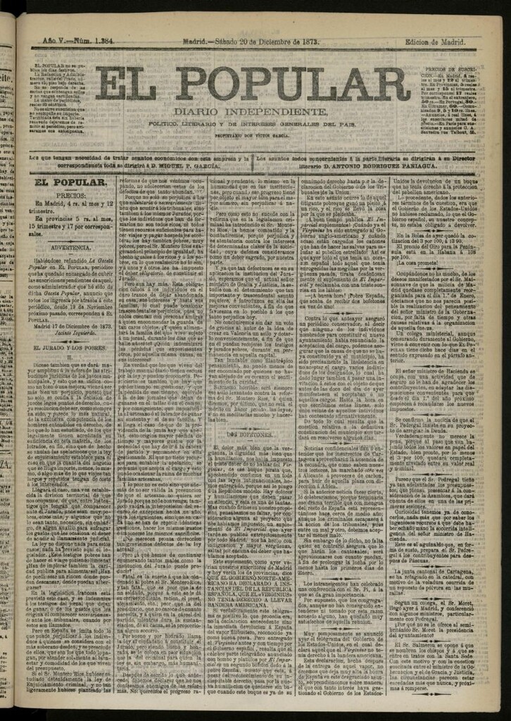 Miniatura de El Popular: diario independiente, político, literario y de noticias de interés general del 20 de diciembre de 1873, nº 1384