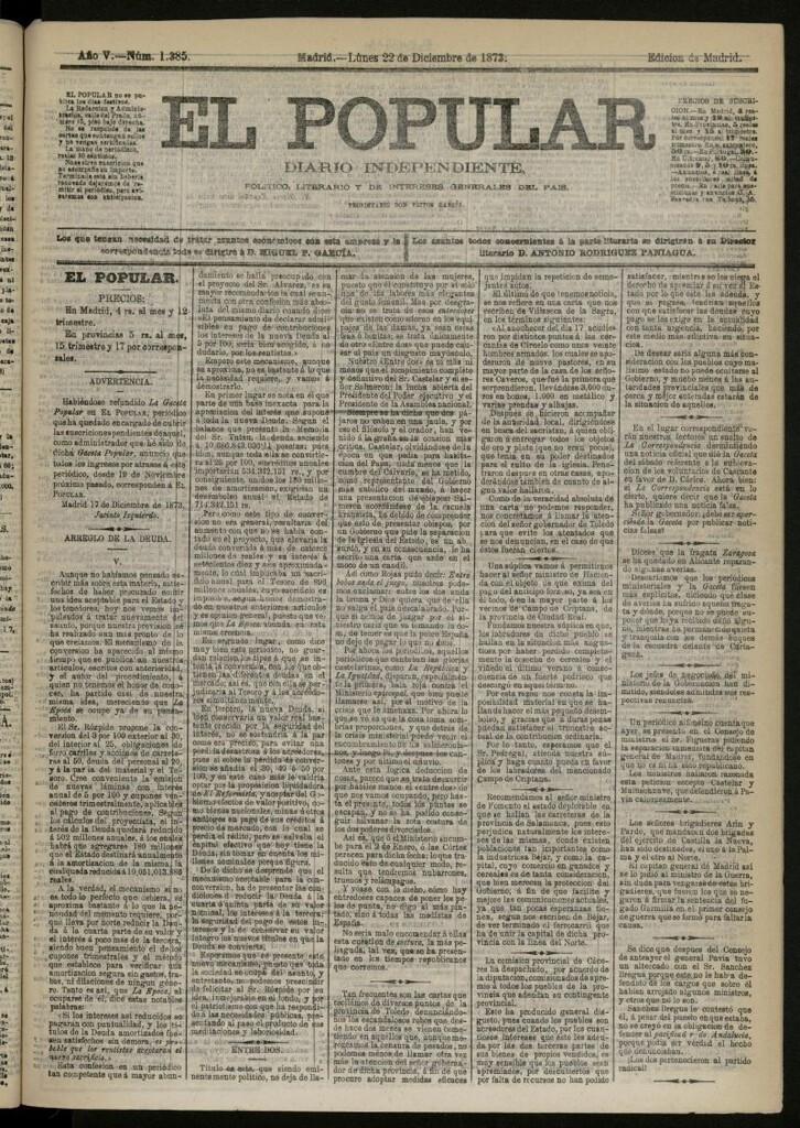Miniatura de El Popular: diario independiente, político, literario y de noticias de interés general del 22 de diciembre de 1873, nº 1385