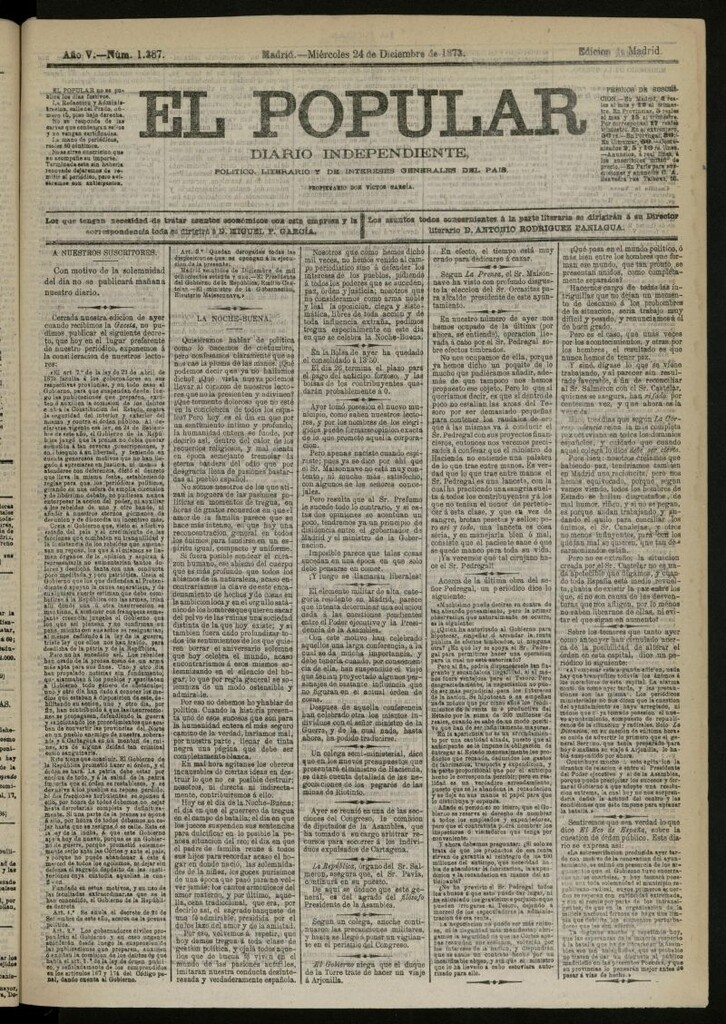 Miniatura de El Popular: diario independiente, político, literario y de noticias de interés general del 24 de diciembre de 1873, nº 1387