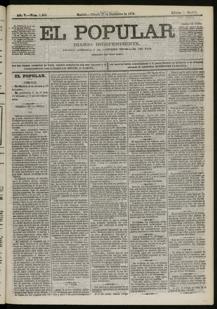 Miniatura de El Popular: diario independiente, político, literario y de noticias de interés general del 27 de diciembre de 1873, nº 1389