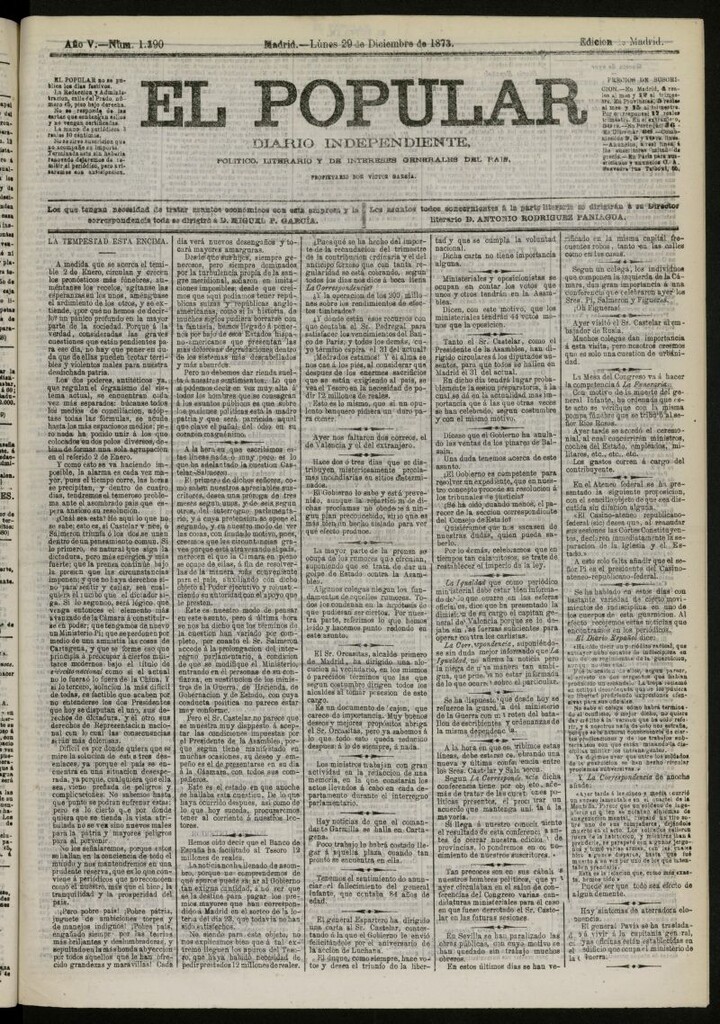 Miniatura de El Popular: diario independiente, político, literario y de noticias de interés general del 29 de diciembre de 1873, nº 1390