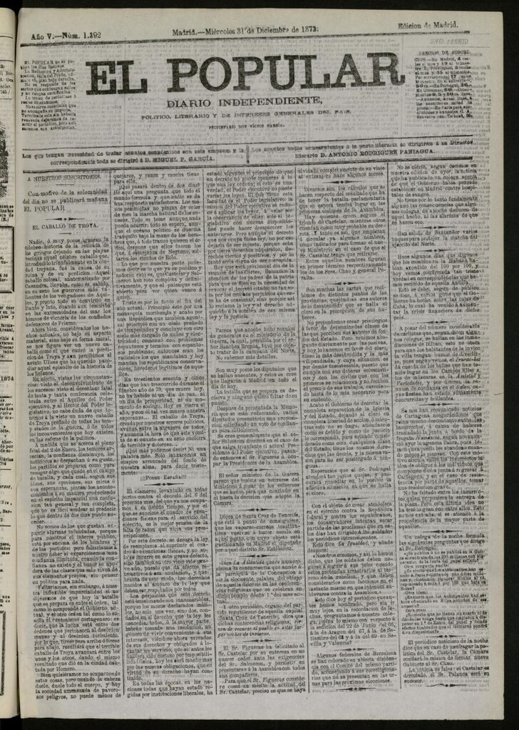 Miniatura de El Popular: diario independiente, político, literario y de noticias de interés general del 31 de diciembre de 1873, nº 1392