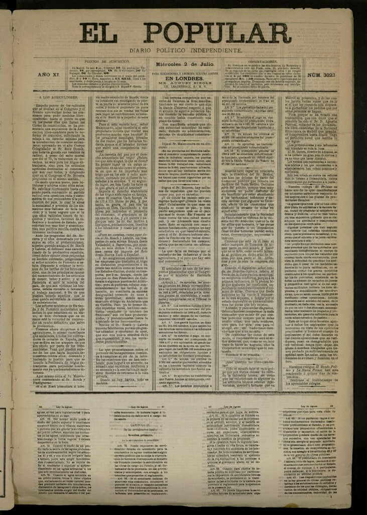 Miniatura de El Popular: diario independiente, político, literario y de noticias de interés general del 2 de julio de 1879, nº 3023